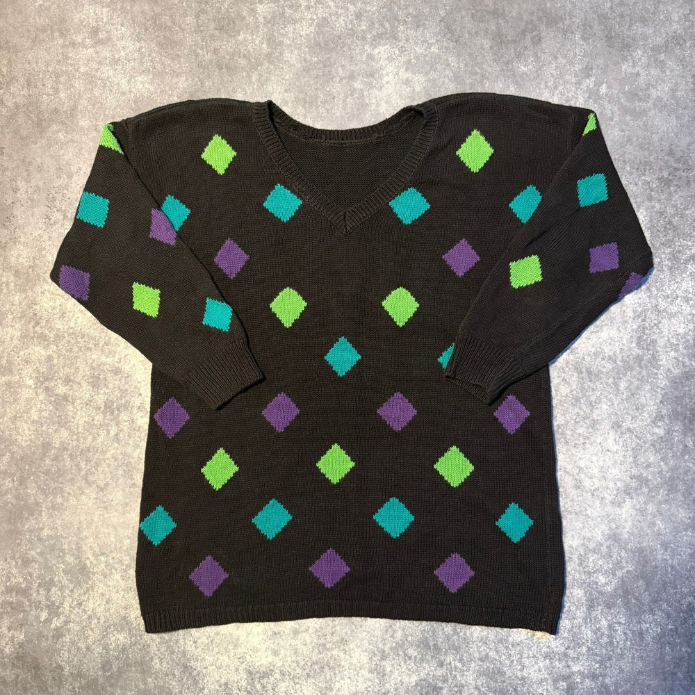 Vintage Womens‎ Black Diamond Pattern Ugly V Neck Sweater Long Sleeve XL